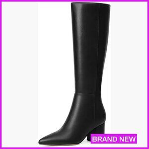 Chunky Heel Knee High Boots Pointed Toe Side Zipper Elegant Retro Dress Boots
